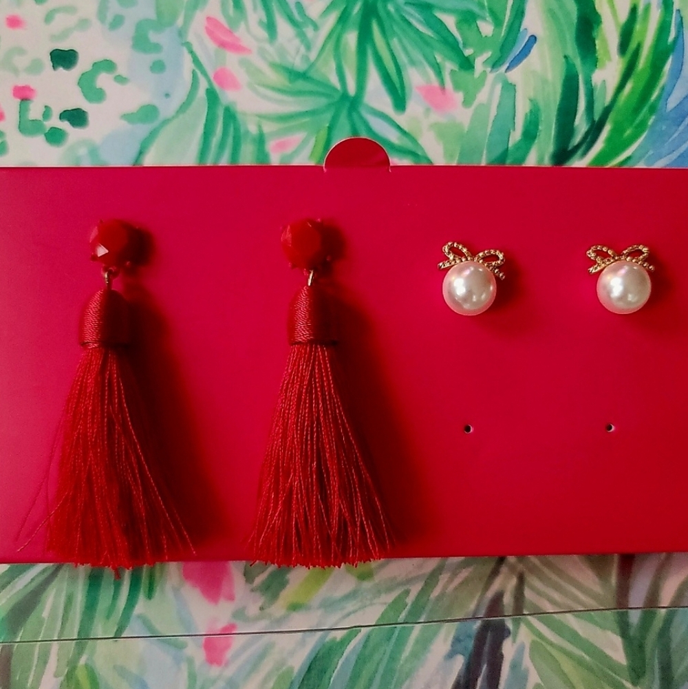 J.Crew Red Tassel and Pearl Earring Set